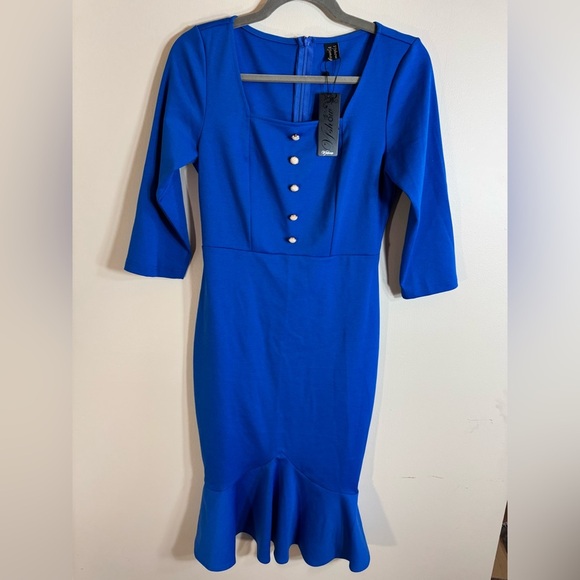 NWT Vfshow Women's Solid Blue 3/4 Sleeve Mermaid Bodycon Dress Size Small - Picture 3 of 15